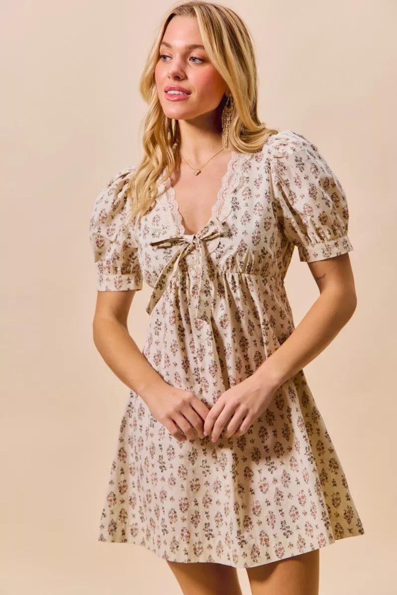 Floral Lace Trim Mini Dress - 