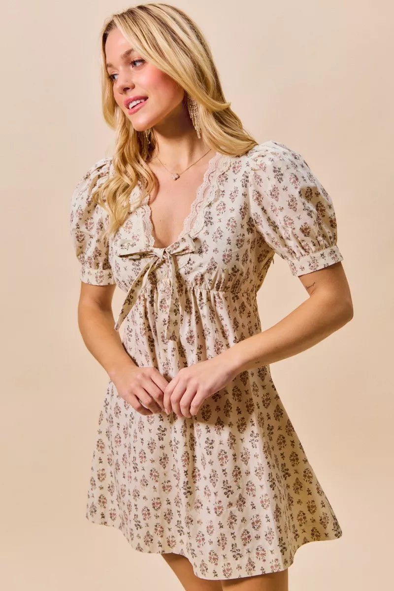 Floral Lace Trim Mini Dress - 