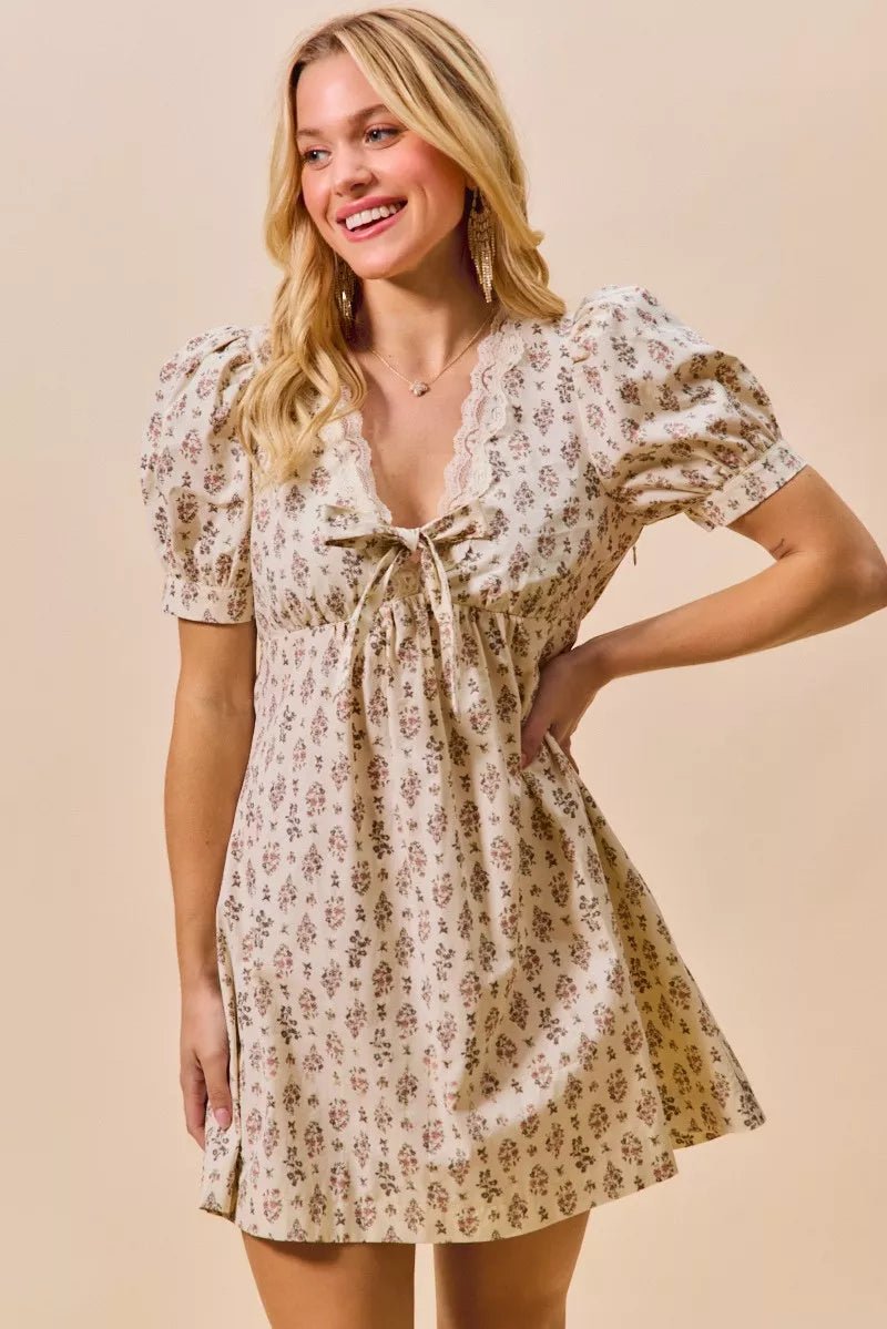 Floral Lace Trim Mini Dress - 