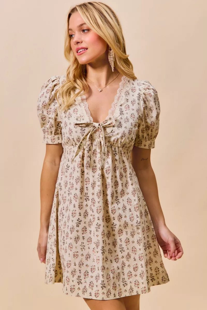Floral Lace Trim Mini Dress - 