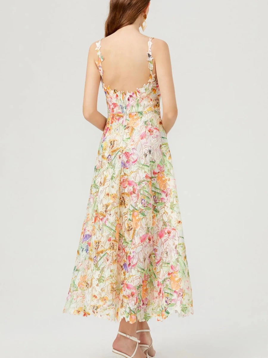 Floral Lace V - Neck Midi Dress - 