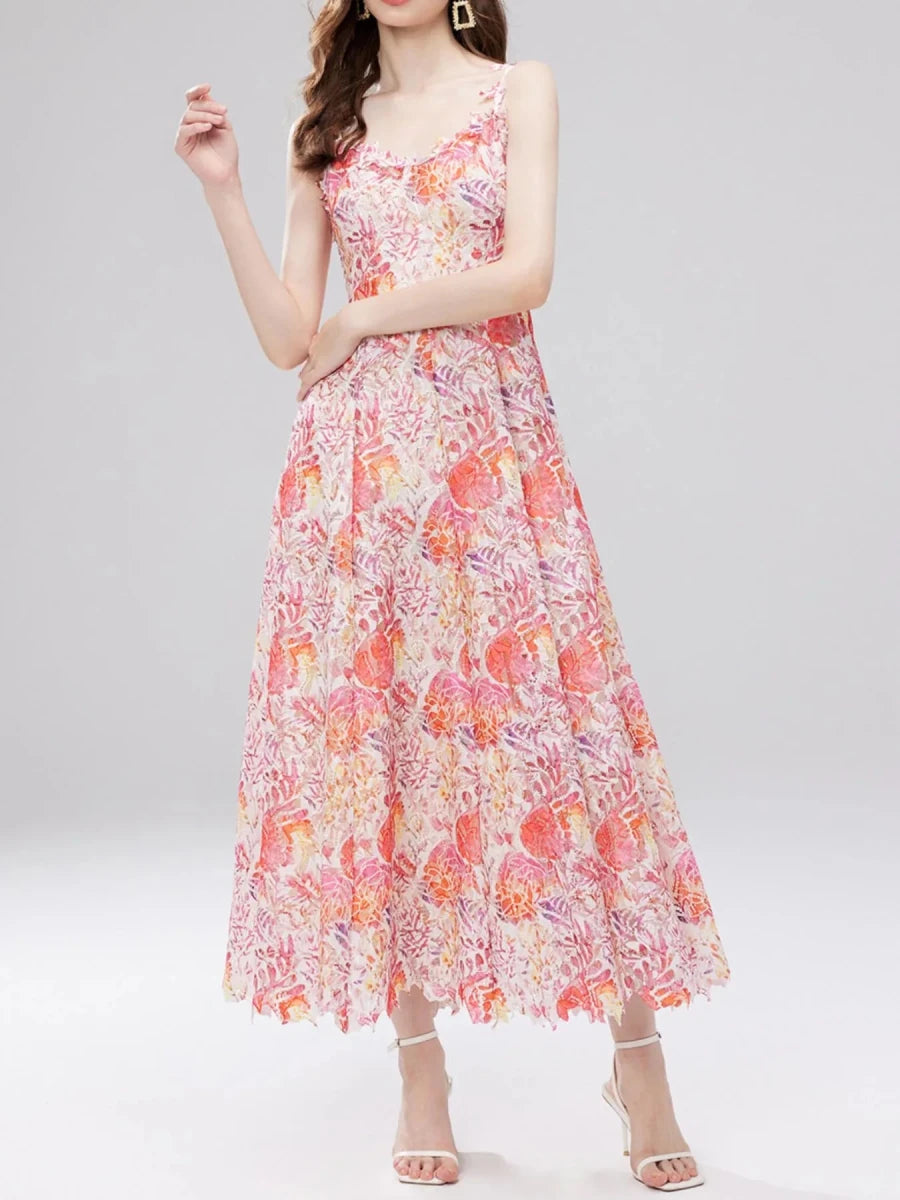 Floral Lace V - Neck Midi Dress - 