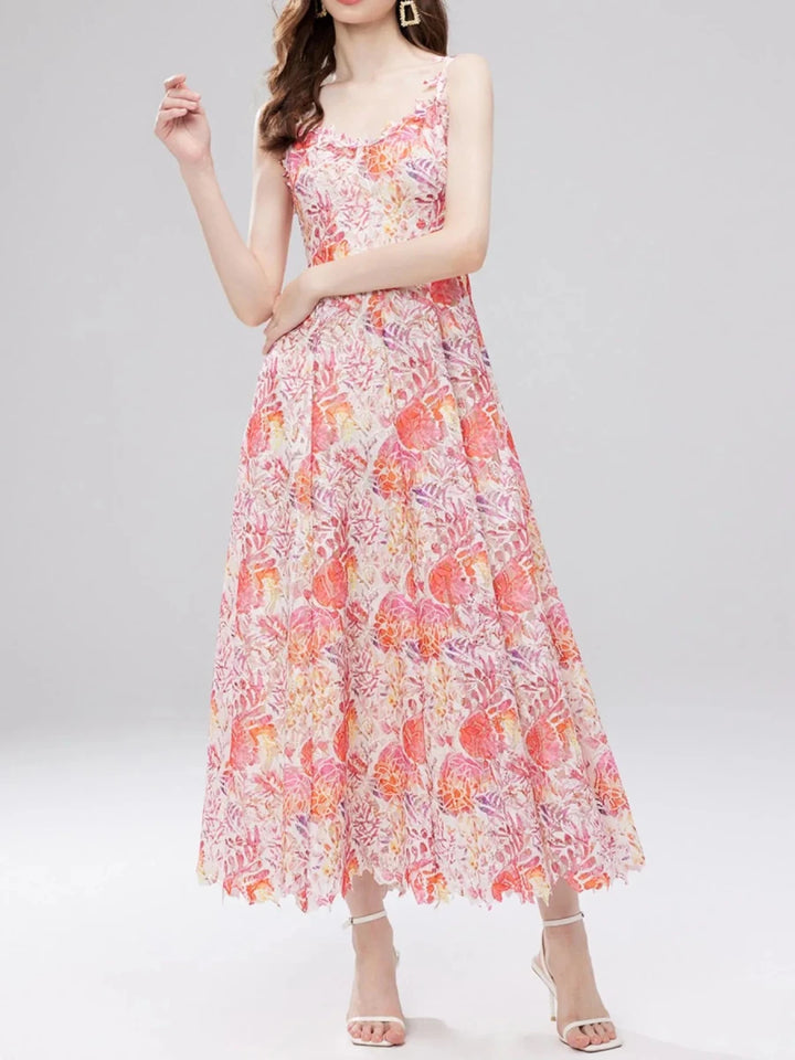 Floral Lace V - Neck Midi Dress - 