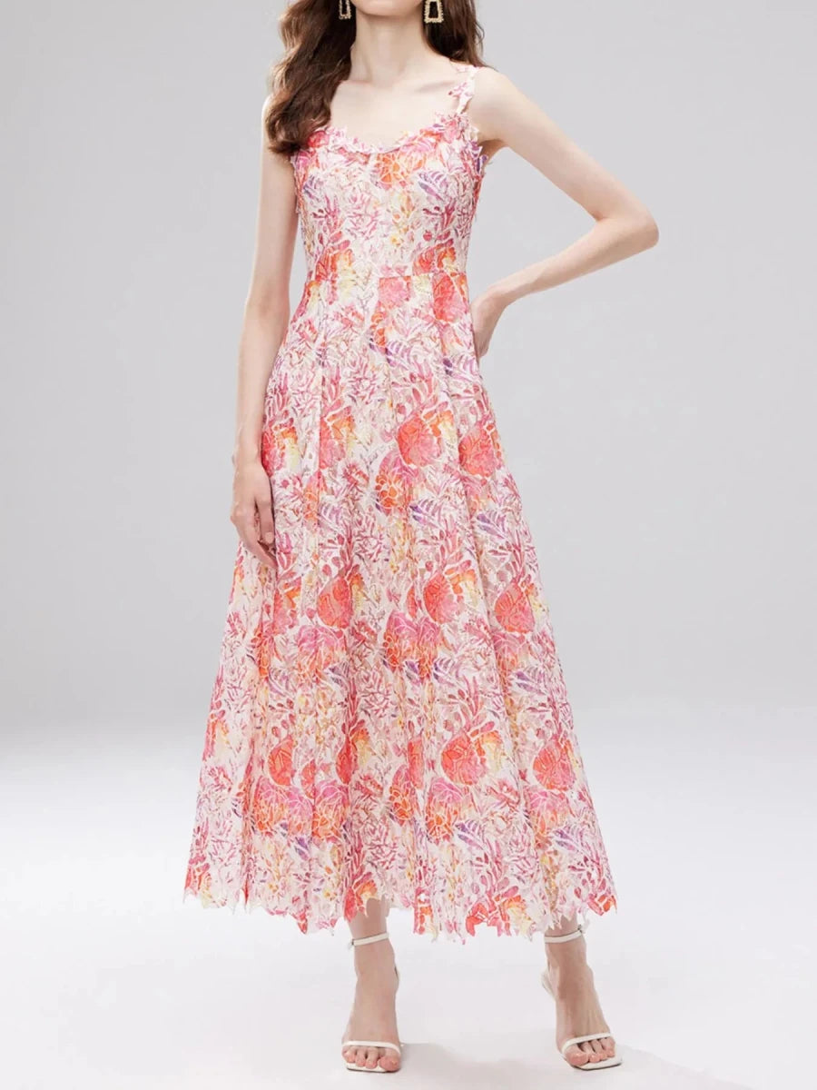 Floral Lace V - Neck Midi Dress - 