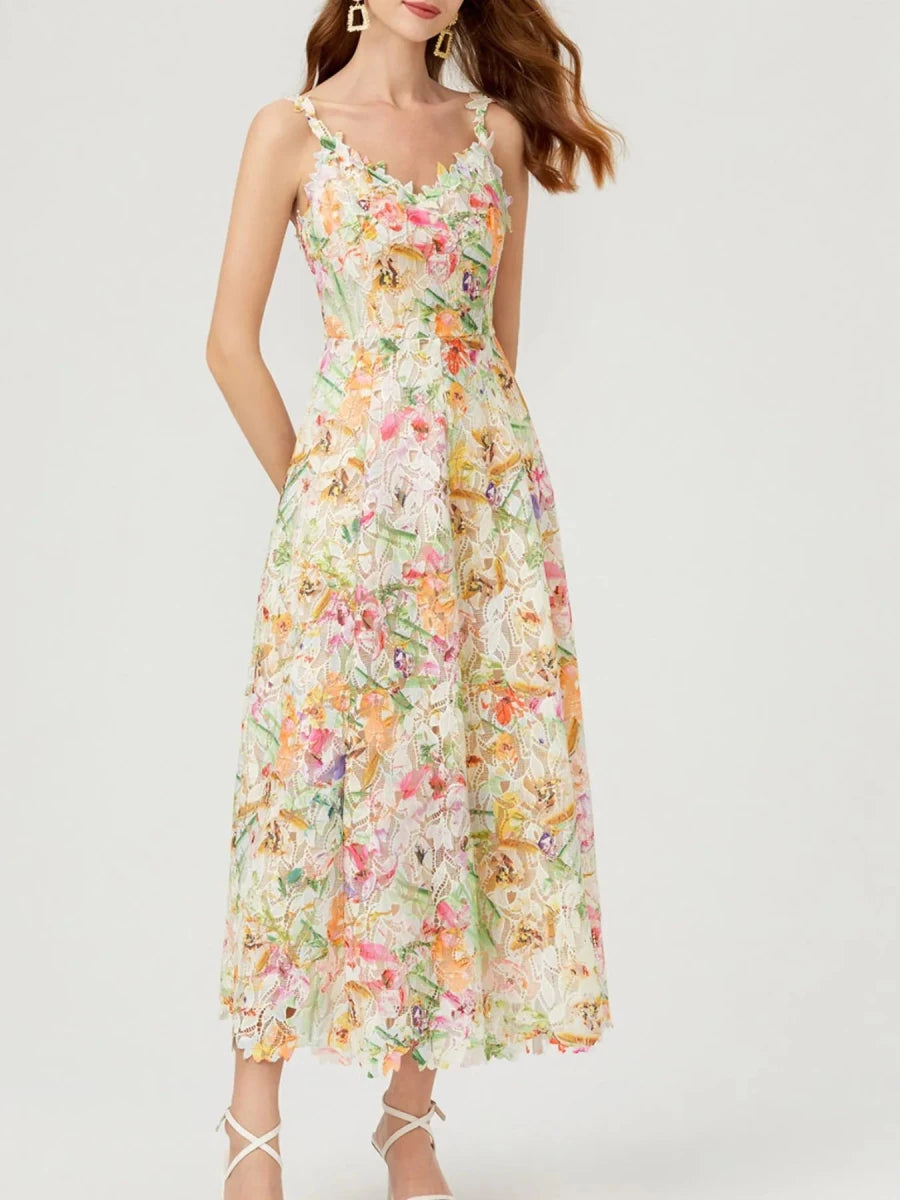 Floral Lace V - Neck Midi Dress - 