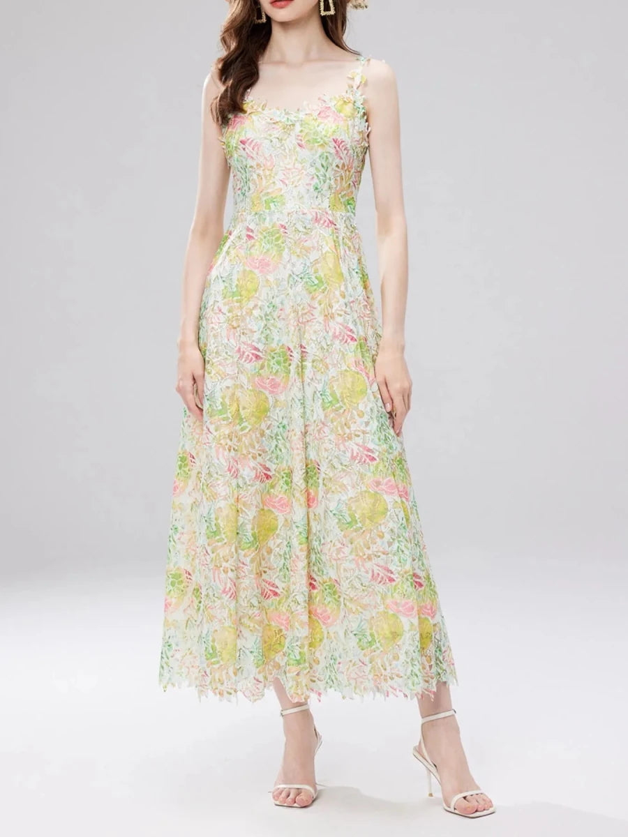 Floral Lace V - Neck Midi Dress - 