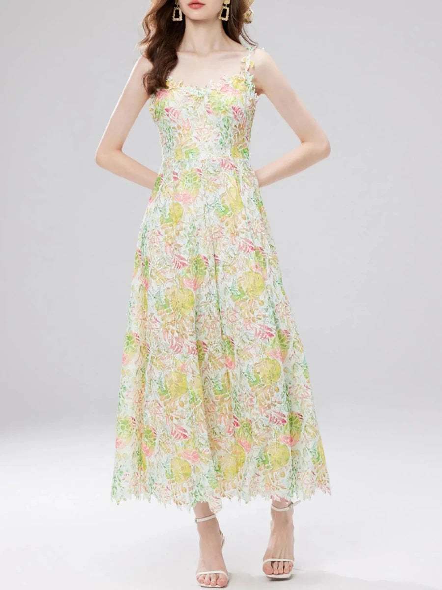 Floral Lace V - Neck Midi Dress - 