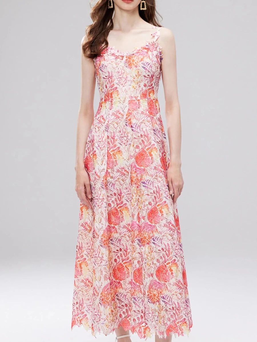 Floral Lace V - Neck Midi Dress - 