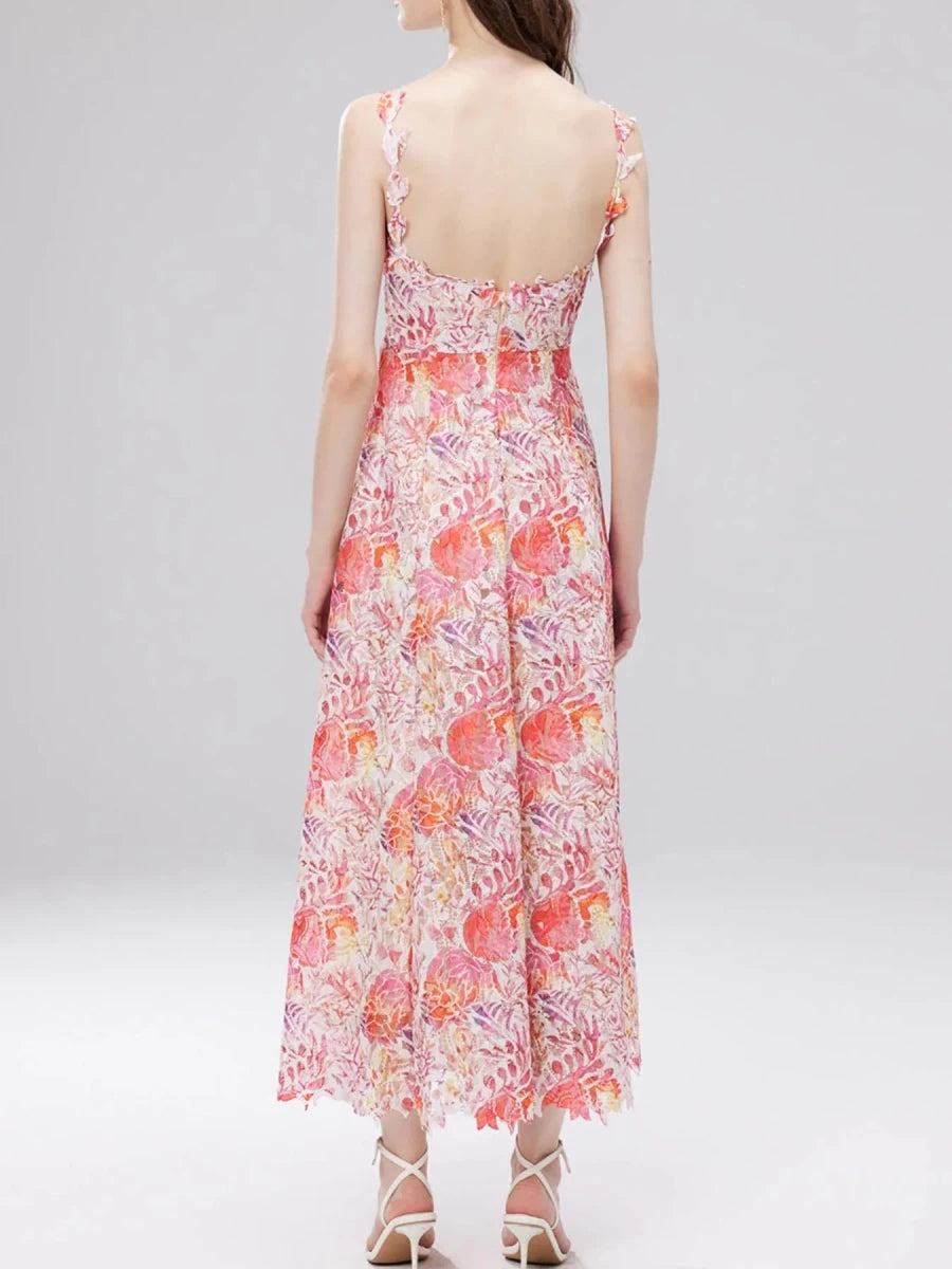 Floral Lace V - Neck Midi Dress - 
