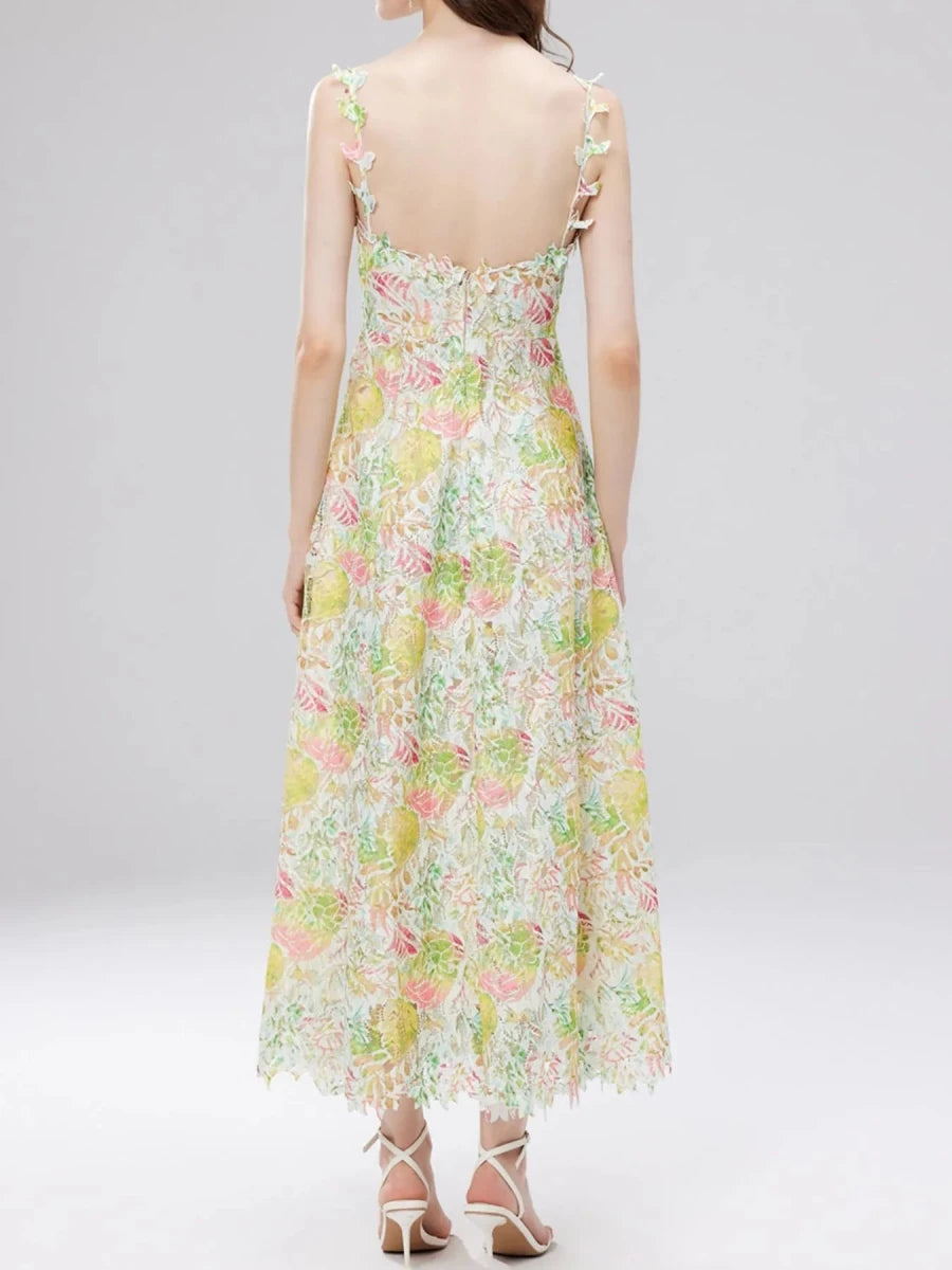 Floral Lace V - Neck Midi Dress - 