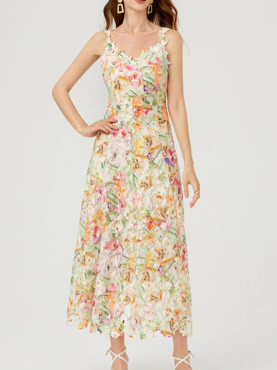 Floral Lace V - Neck Midi Dress - 