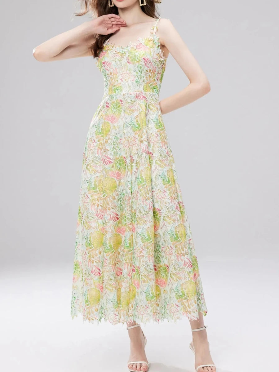 Floral Lace V - Neck Midi Dress - 