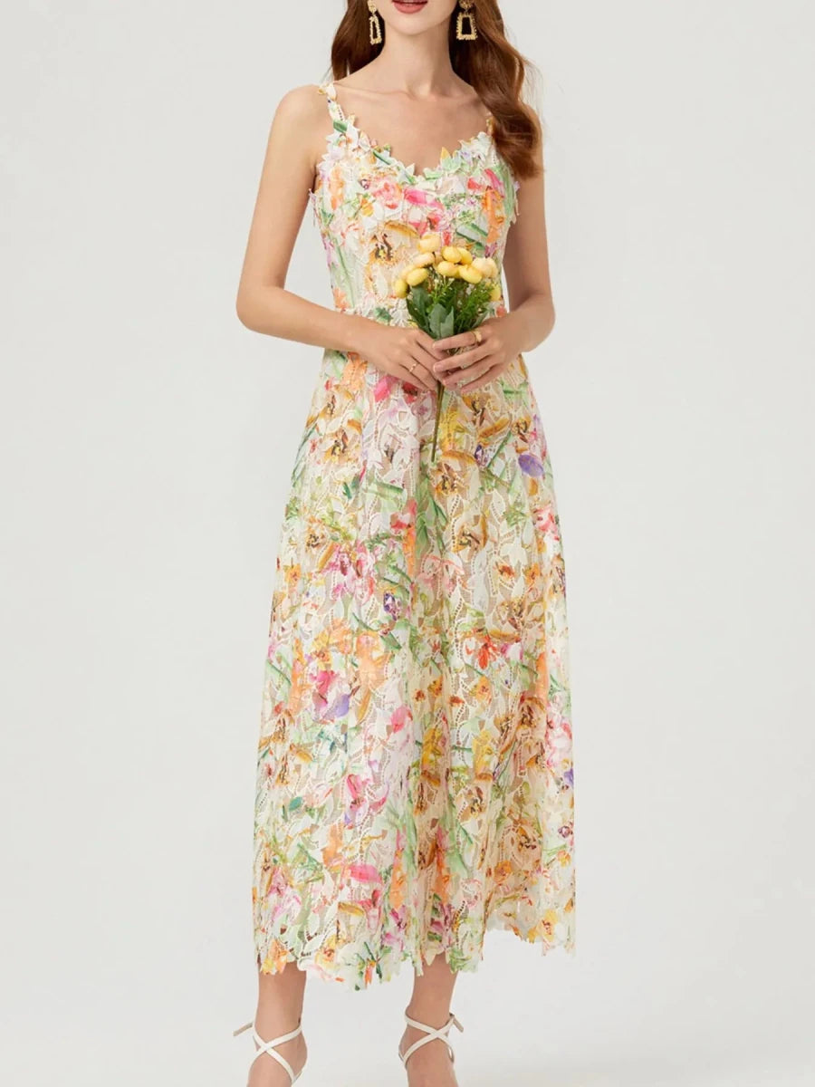Floral Lace V - Neck Midi Dress - 