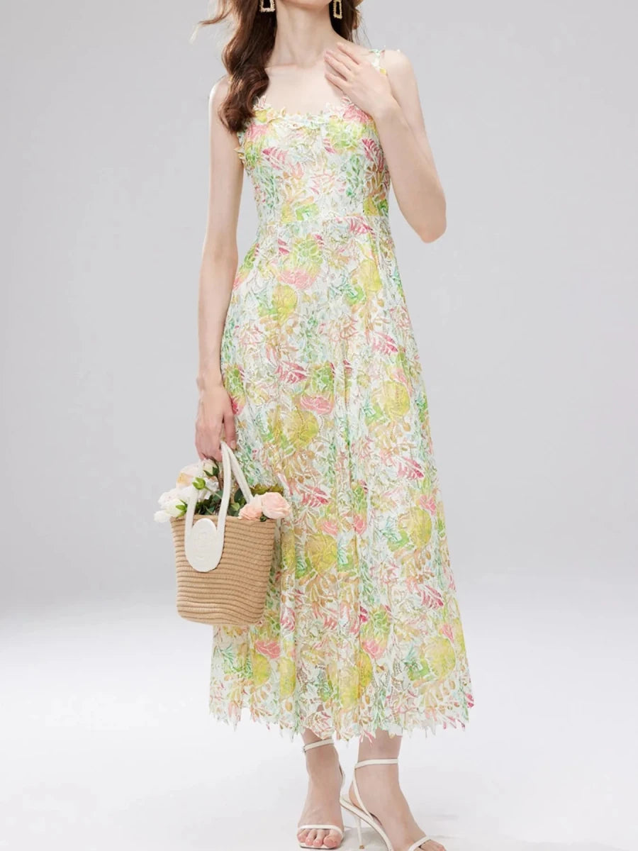 Floral Lace V - Neck Midi Dress - 