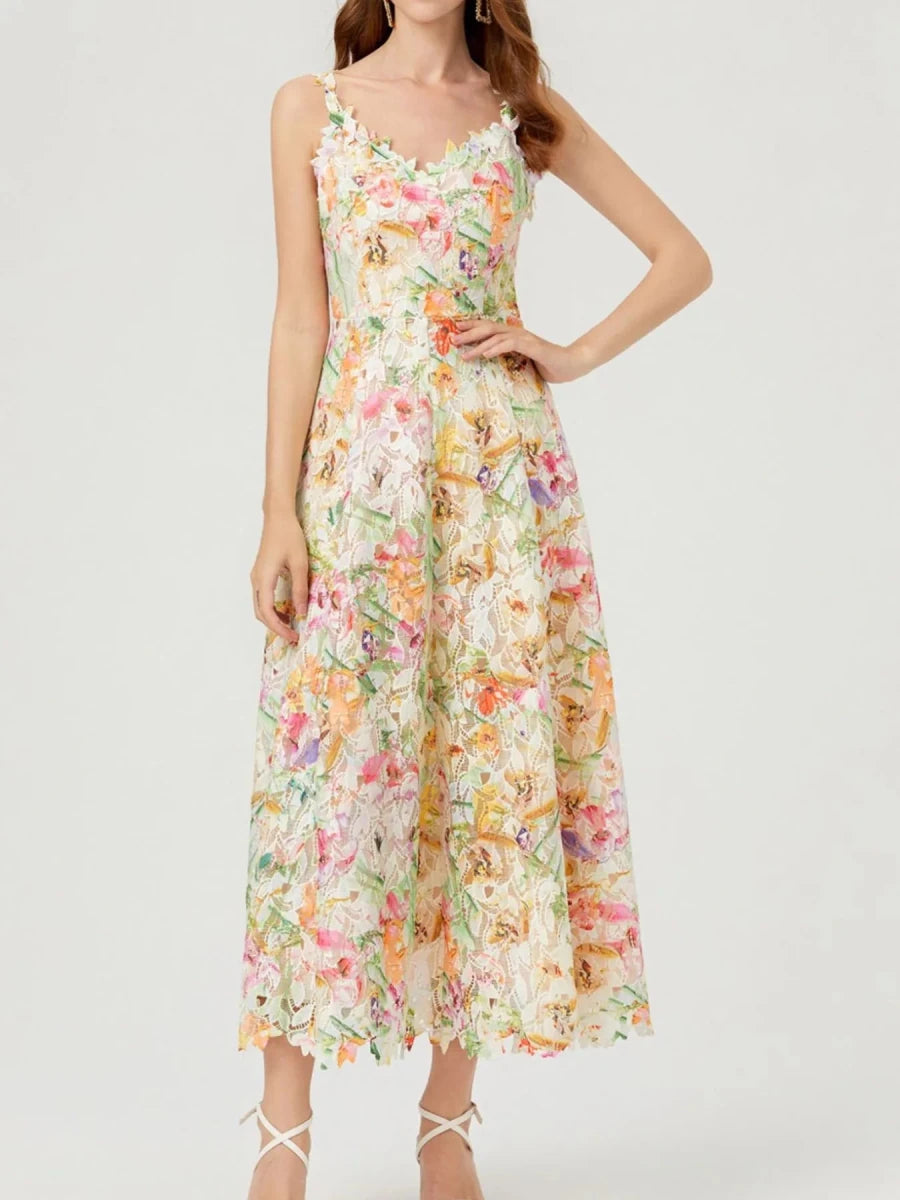 Floral Lace V - Neck Midi Dress - 