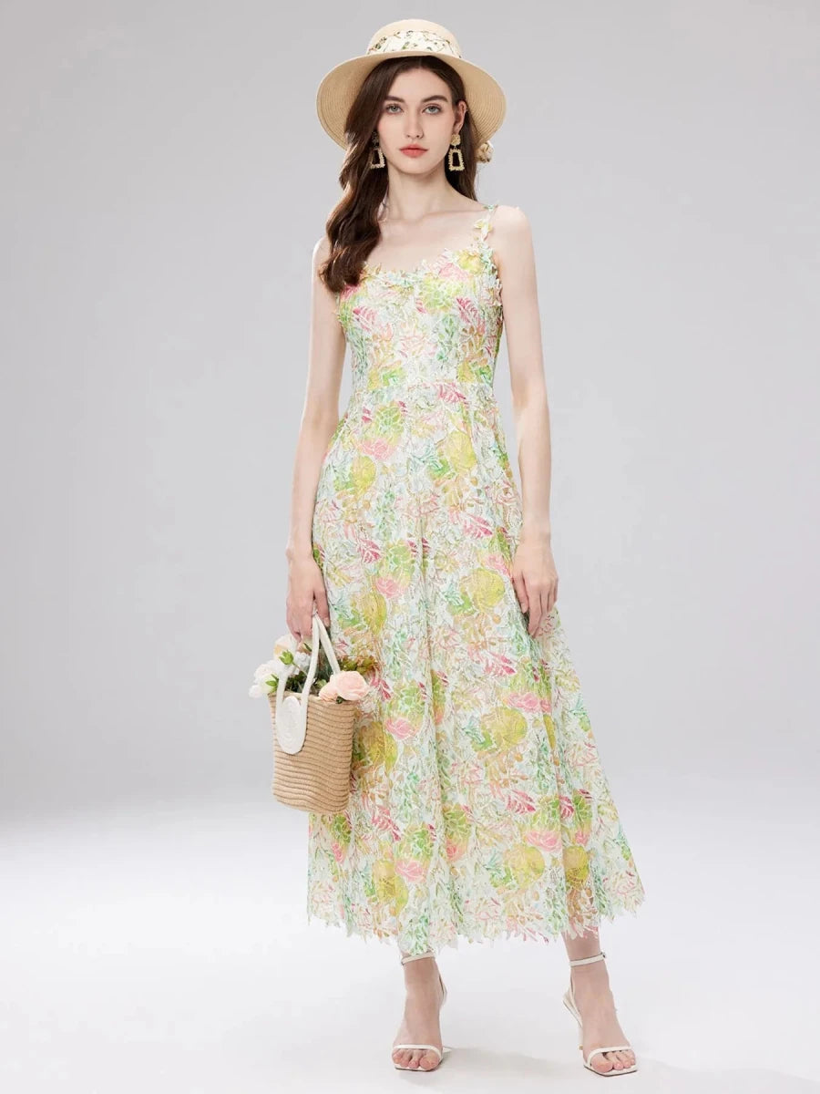 Floral Lace V - Neck Midi Dress - 