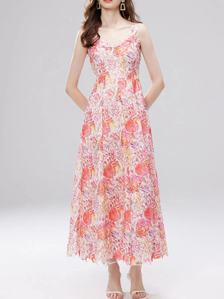 Floral Lace V - Neck Midi Dress - 