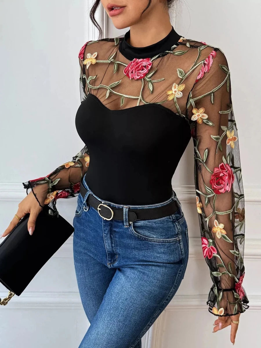 Floral Mesh Long Sleeve Bodysuit - 