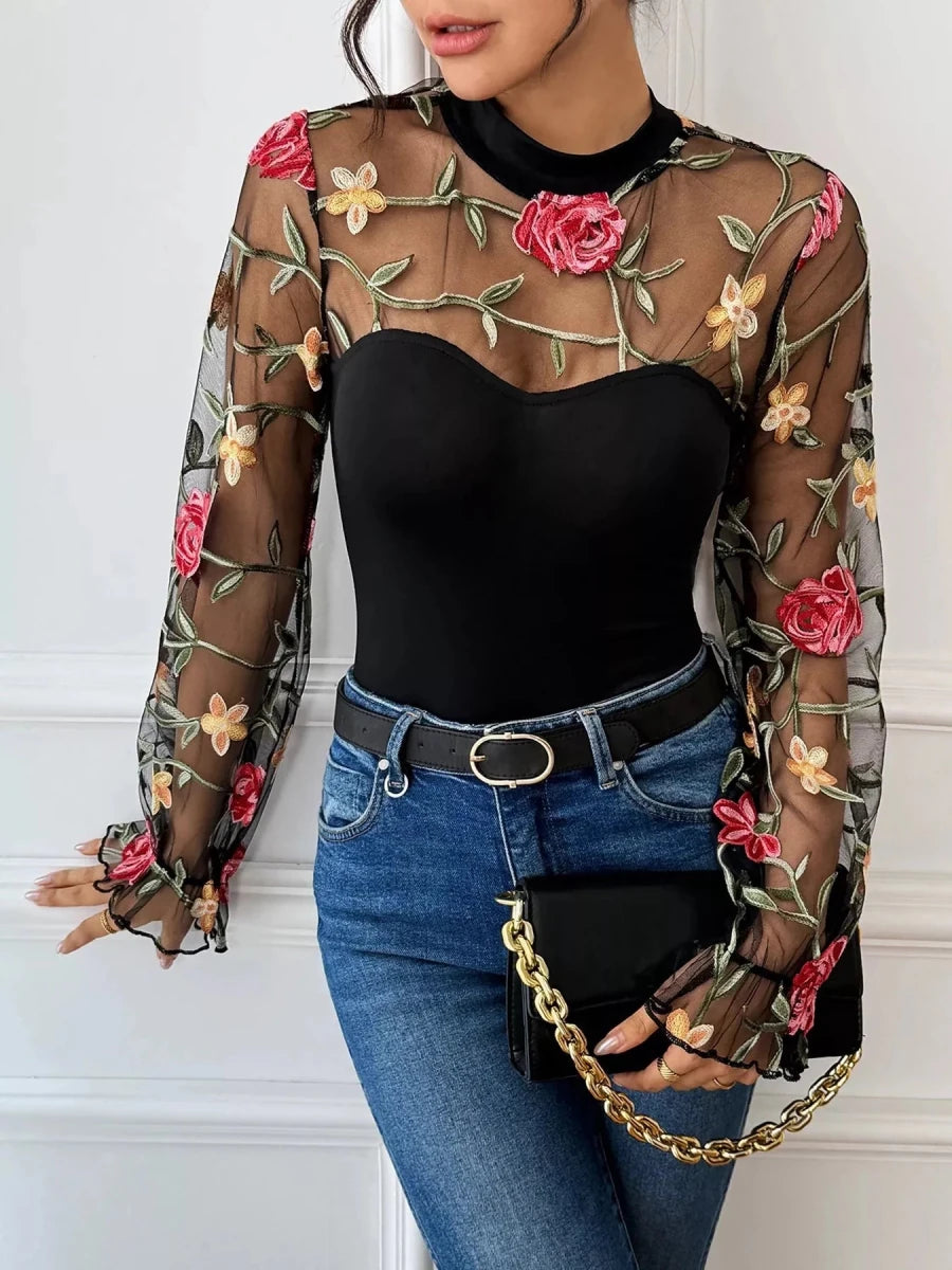 Floral Mesh Long Sleeve Bodysuit - 