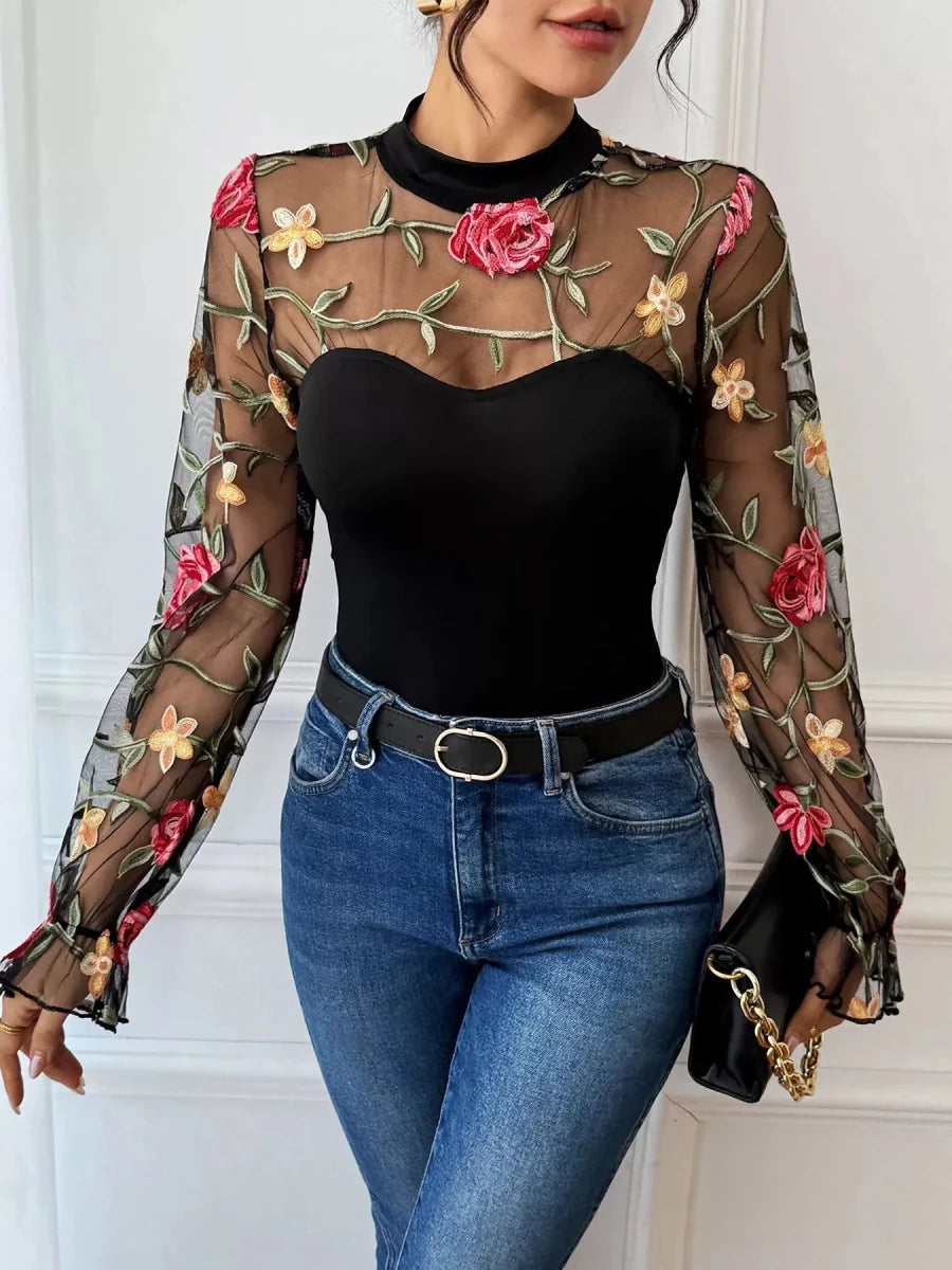 Floral Mesh Long Sleeve Bodysuit - 