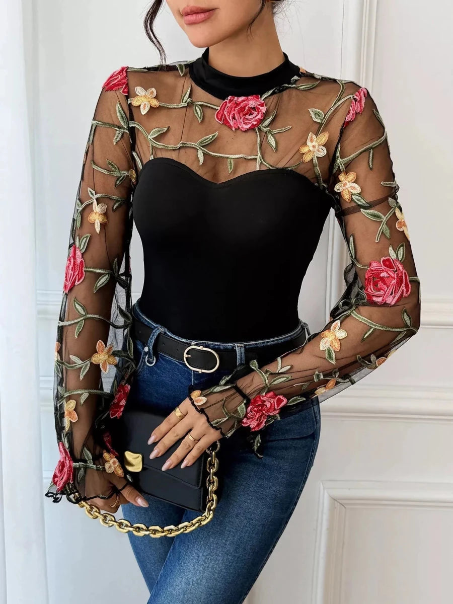 Floral Mesh Long Sleeve Bodysuit - 