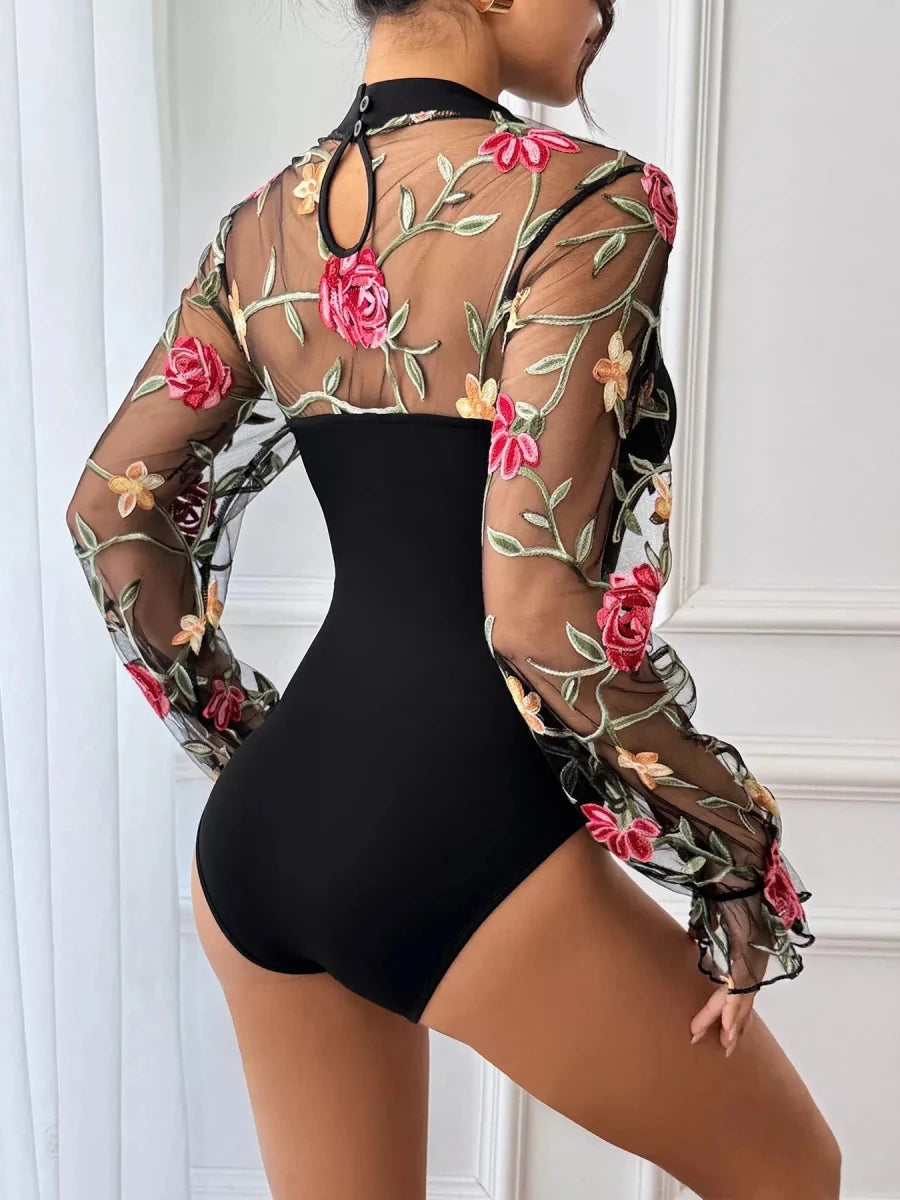 Floral Mesh Long Sleeve Bodysuit - 