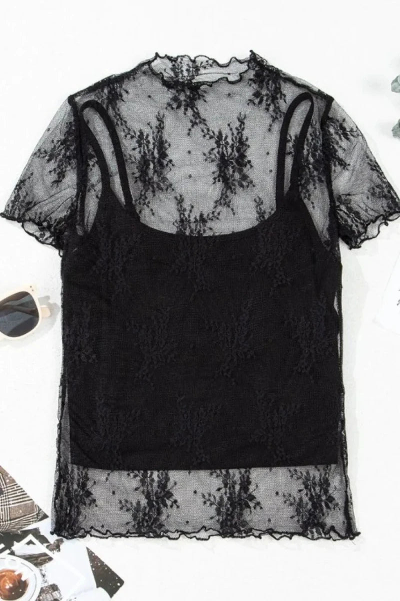 Floral Mesh Top & Cami Set - Short Sleeve - 