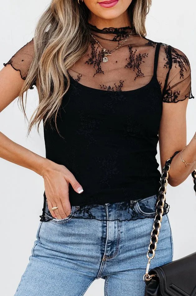 Floral Mesh Top & Cami Set - Short Sleeve - 