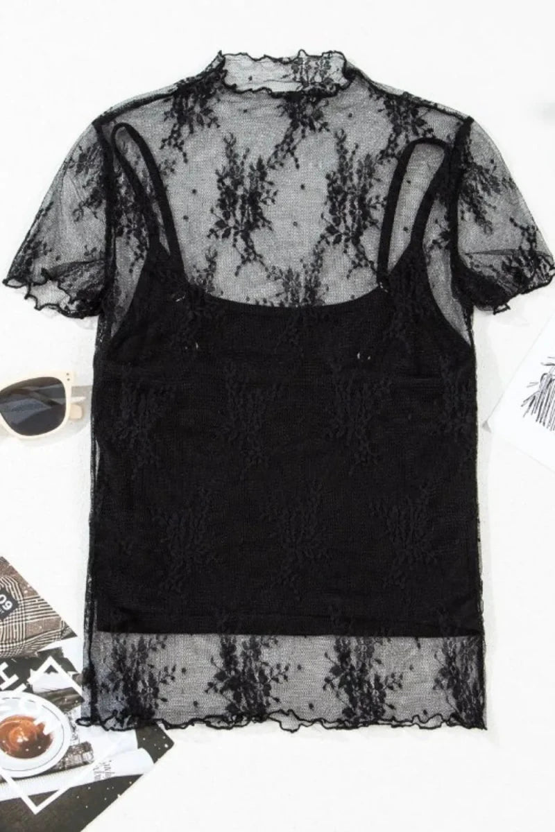 Floral Mesh Top & Cami Set - Short Sleeve - 