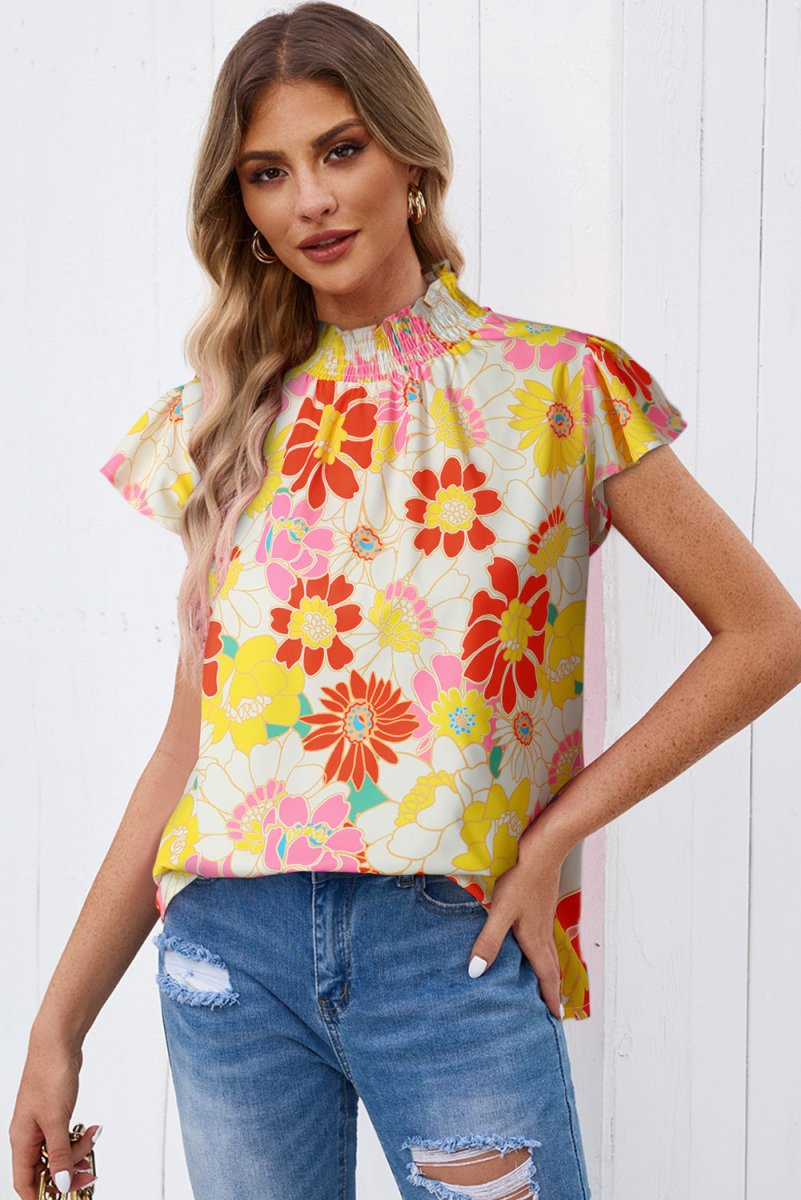 Floral Mock Neck Flutter Sleeve Blouse - 
