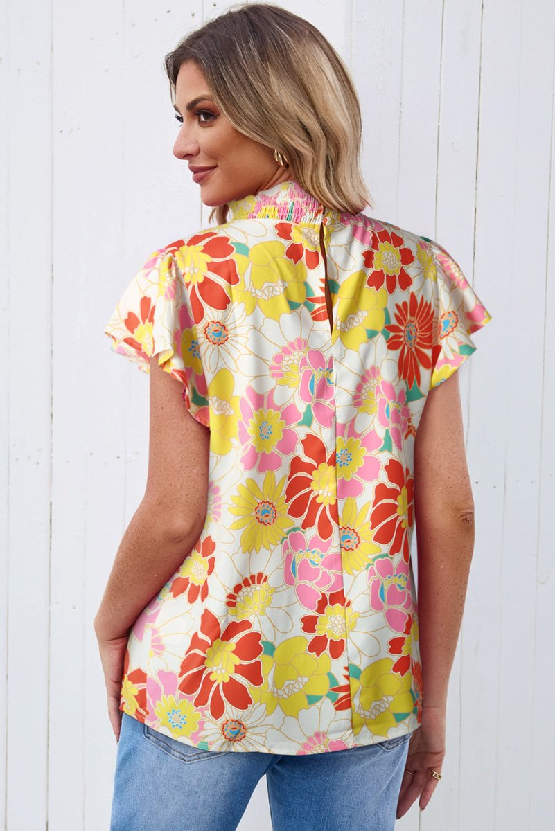 Floral Mock Neck Flutter Sleeve Blouse - 