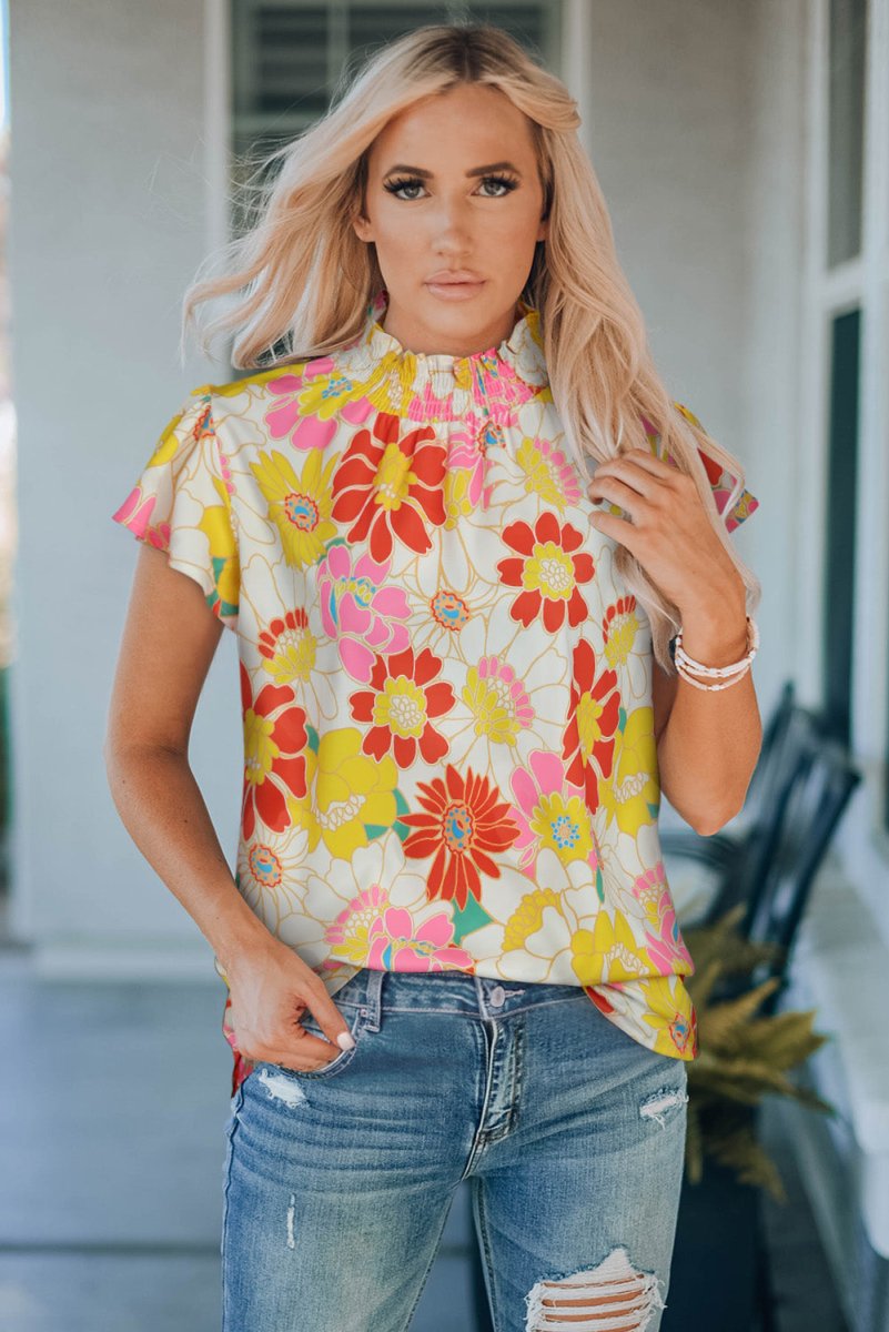 Floral Mock Neck Flutter Sleeve Blouse - 