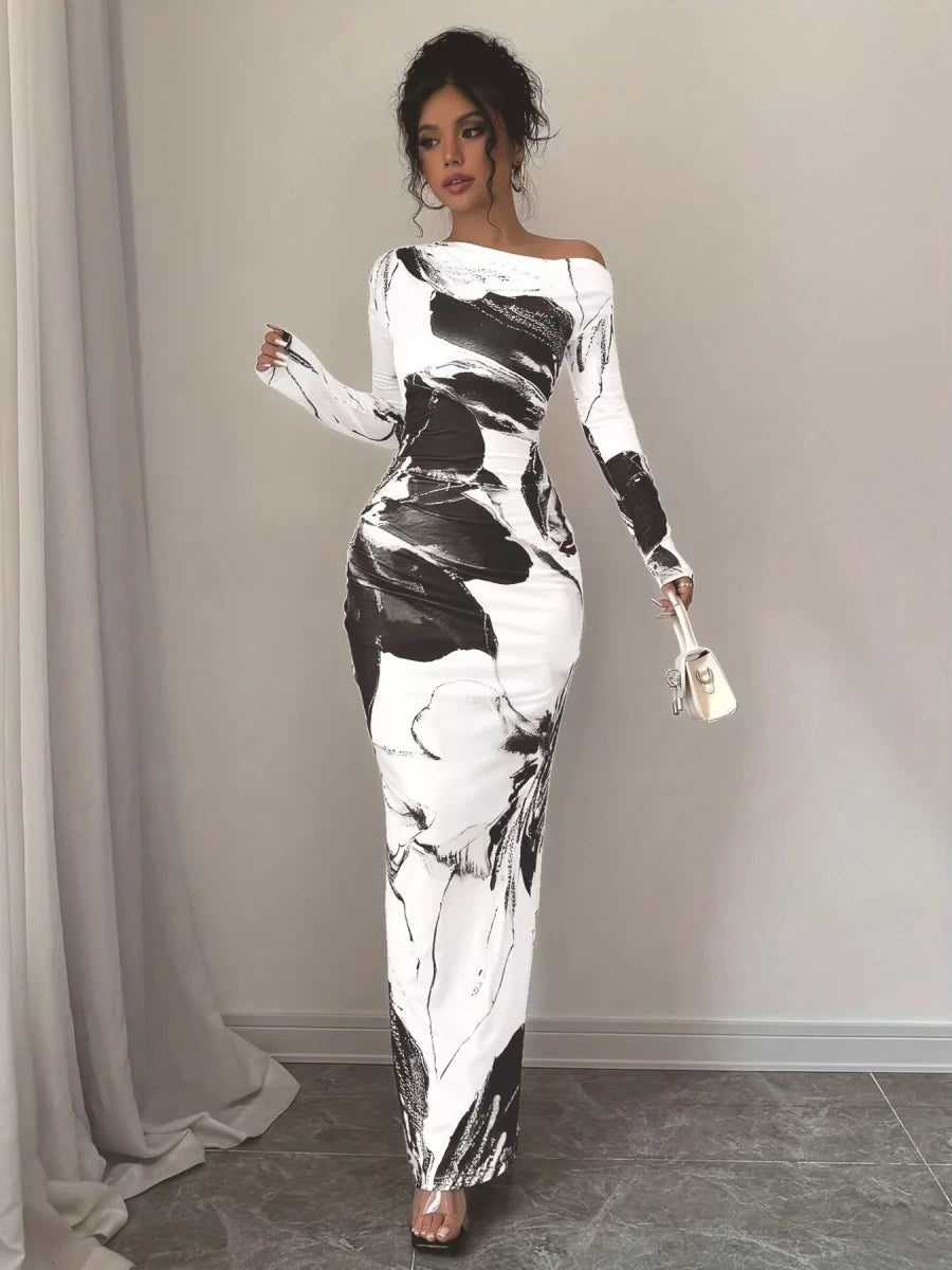 Floral One Shoulder Long Sleeve Maxi Dress - 