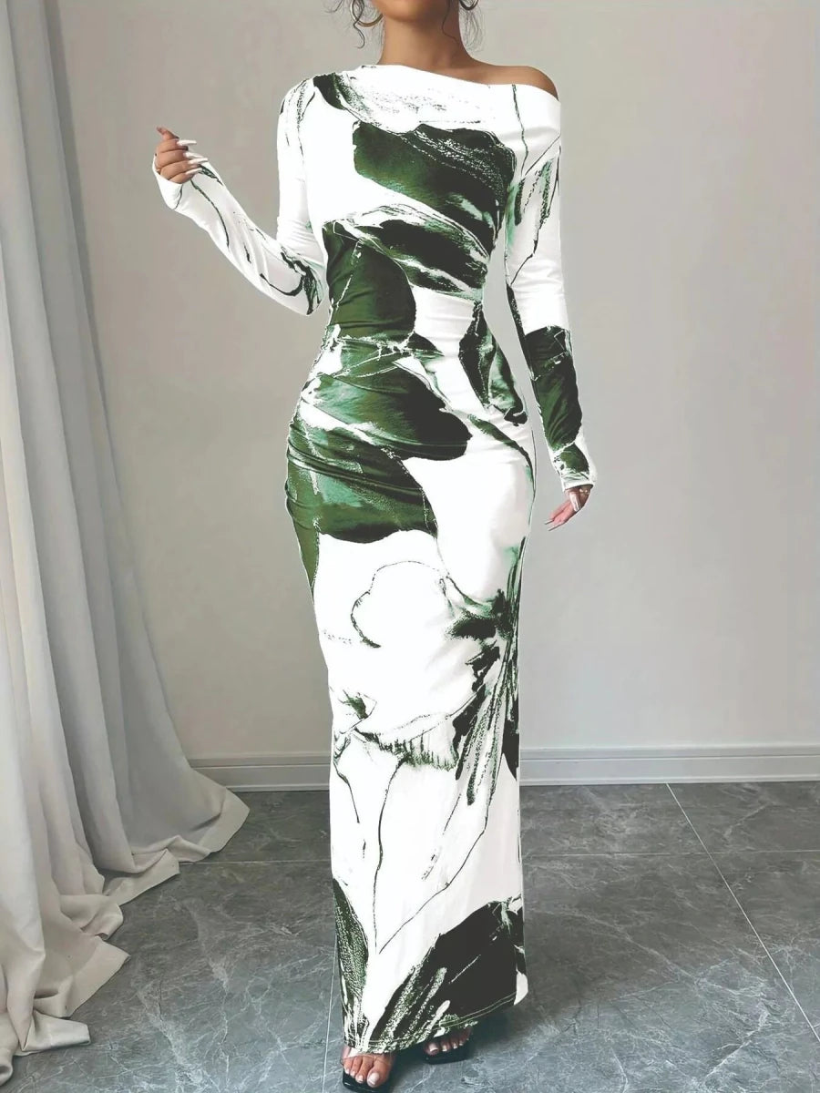 Floral One Shoulder Long Sleeve Maxi Dress - 