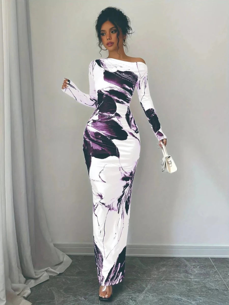 Floral One Shoulder Long Sleeve Maxi Dress - 