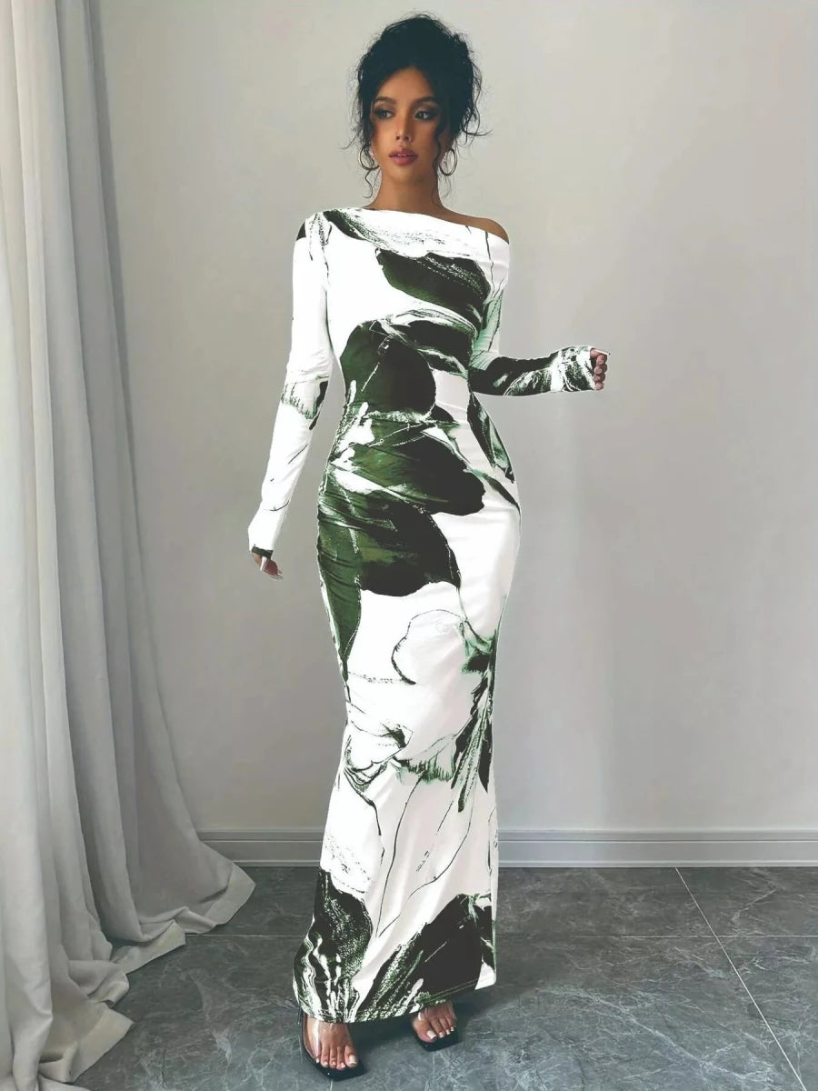 Floral One Shoulder Long Sleeve Maxi Dress - 