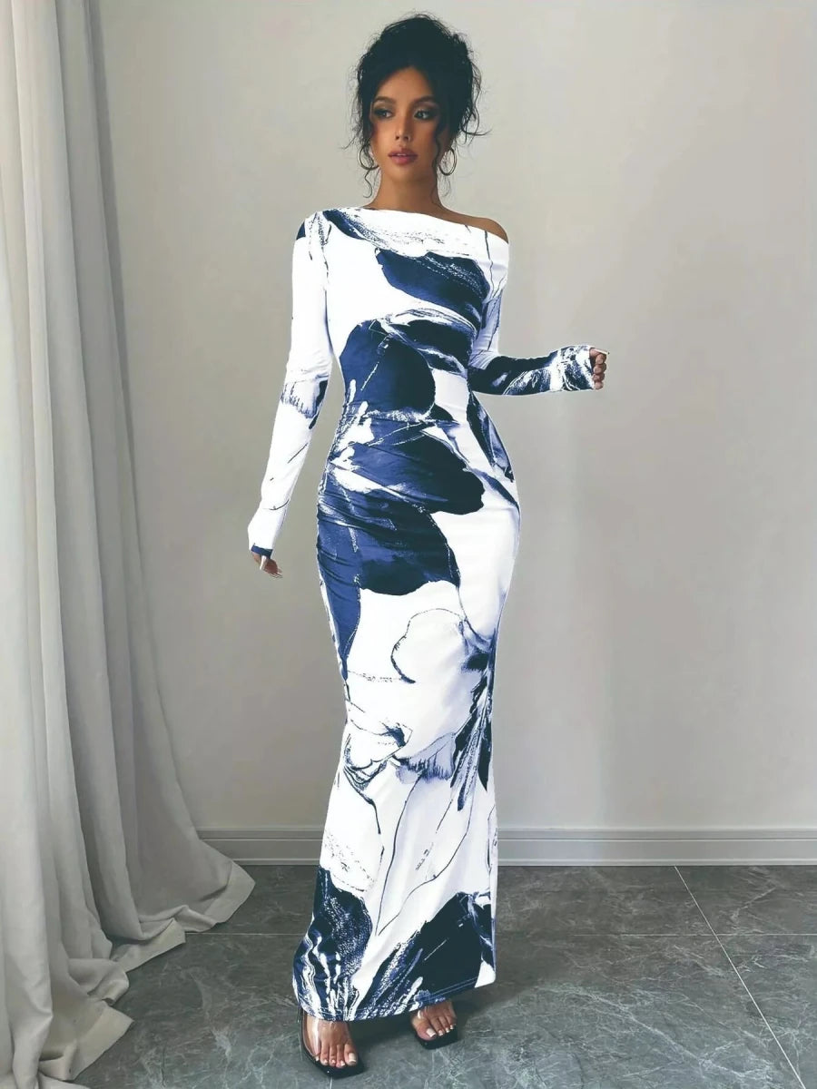 Floral One Shoulder Long Sleeve Maxi Dress - 