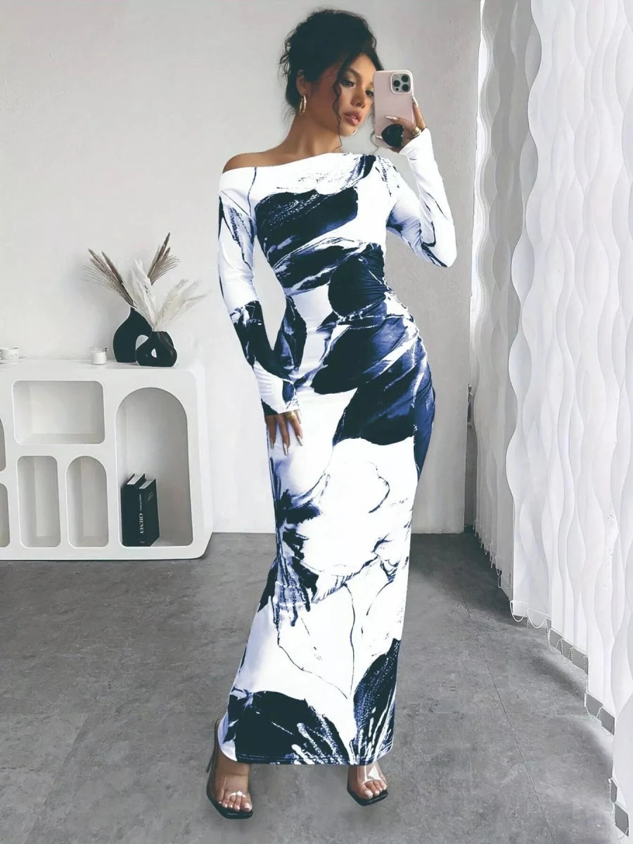 Floral One Shoulder Long Sleeve Maxi Dress - 