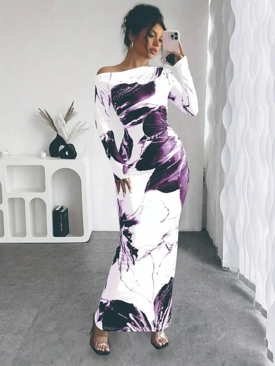 Floral One Shoulder Long Sleeve Maxi Dress - 