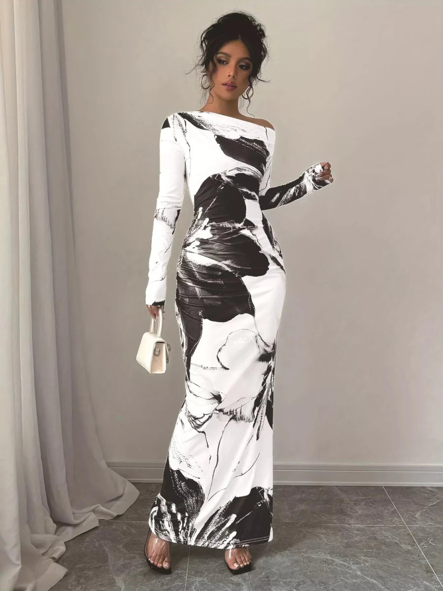 Floral One Shoulder Long Sleeve Maxi Dress - 