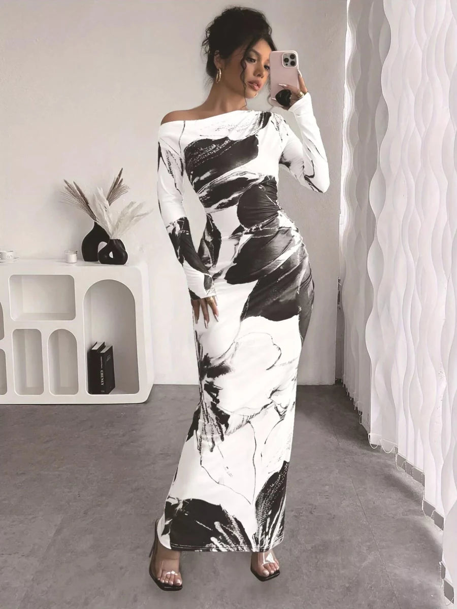 Floral One Shoulder Long Sleeve Maxi Dress - 