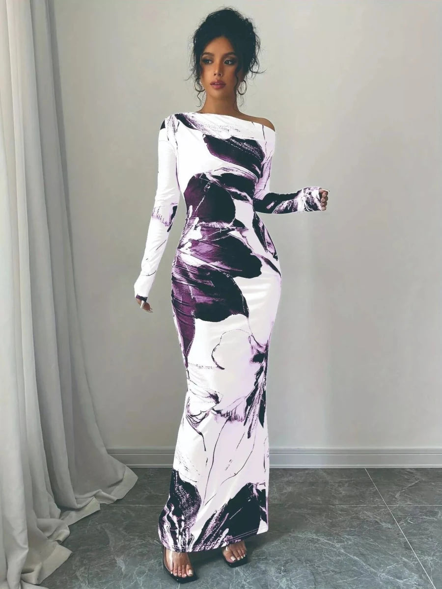 Floral One Shoulder Long Sleeve Maxi Dress - 