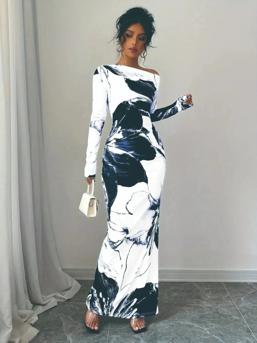 Floral One Shoulder Long Sleeve Maxi Dress - 