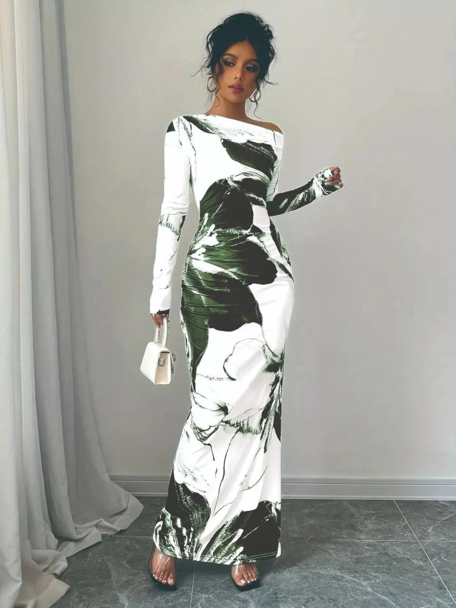 Floral One Shoulder Long Sleeve Maxi Dress - 