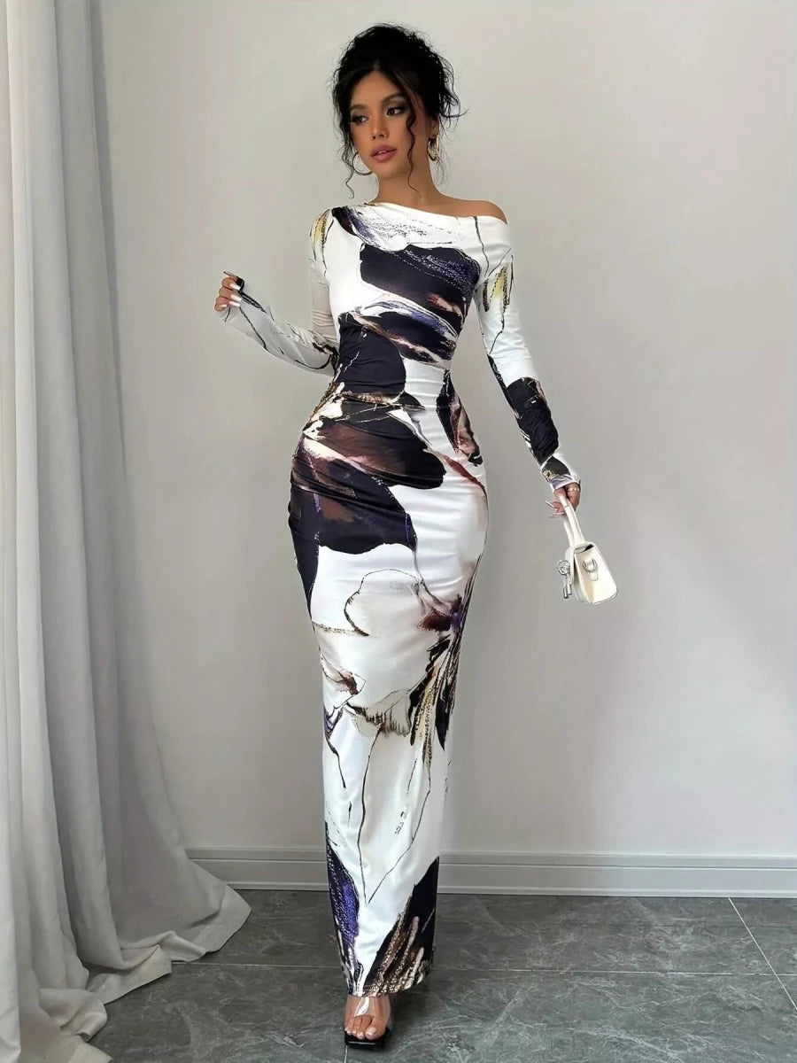Floral One Shoulder Long Sleeve Maxi Dress - 