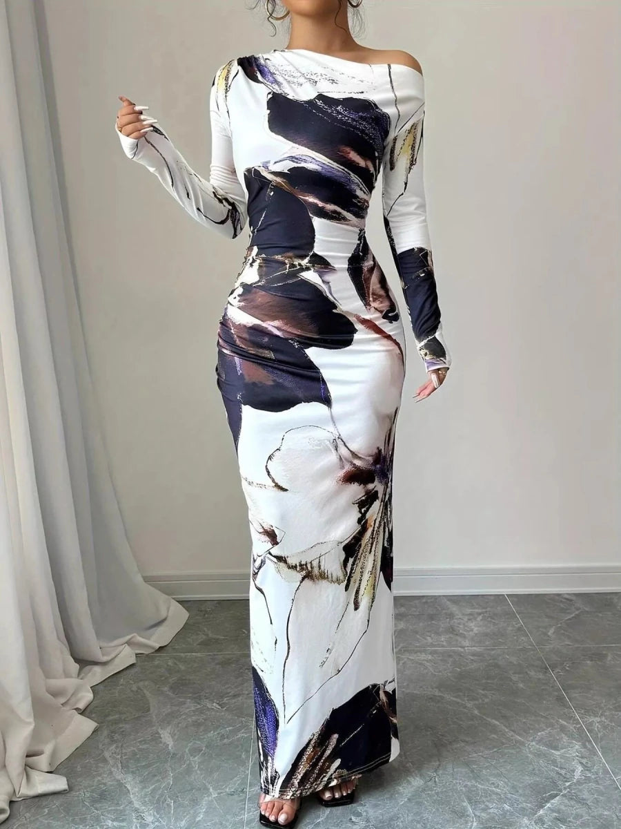 Floral One Shoulder Long Sleeve Maxi Dress - 