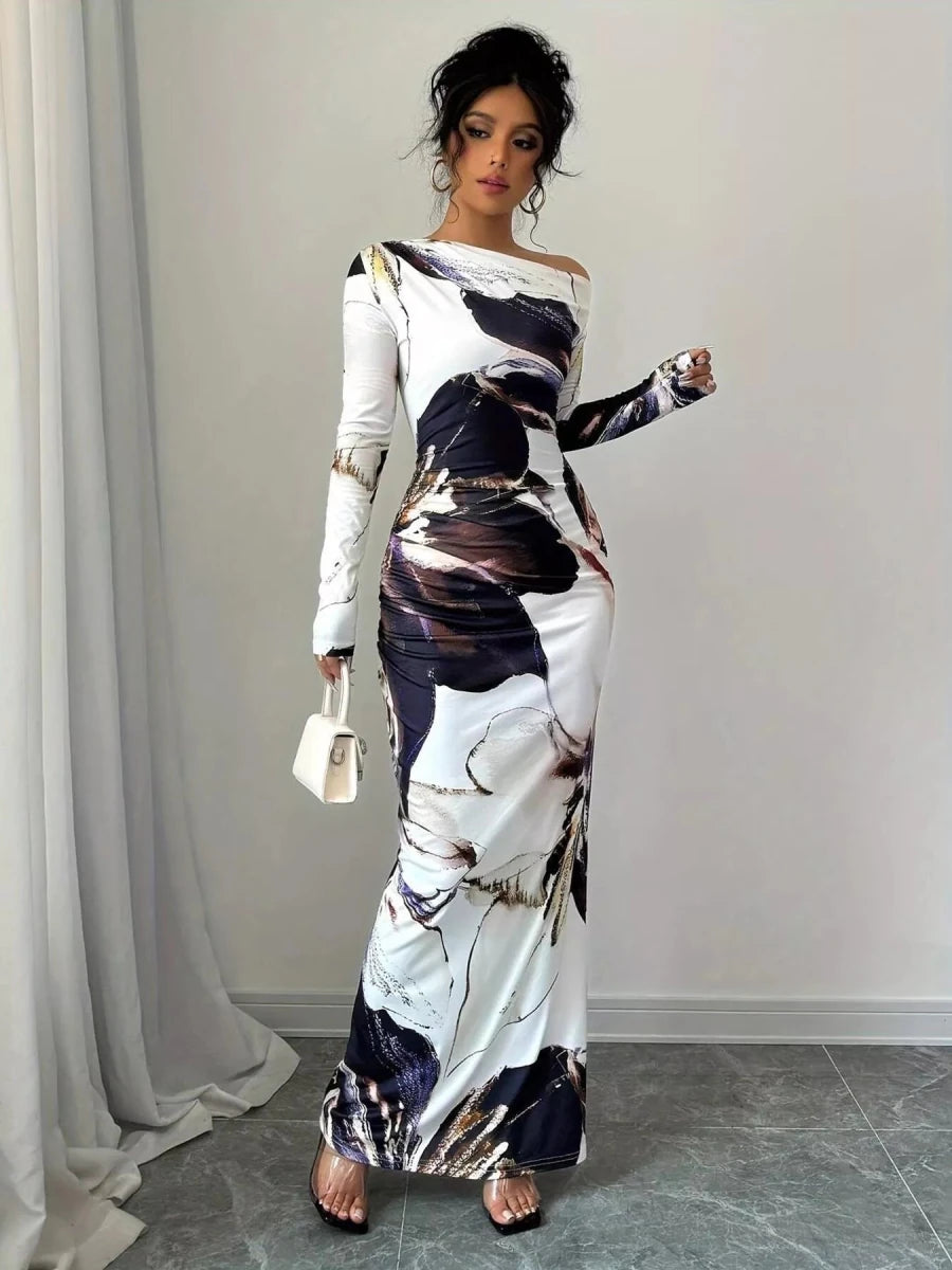 Floral One Shoulder Long Sleeve Maxi Dress - 