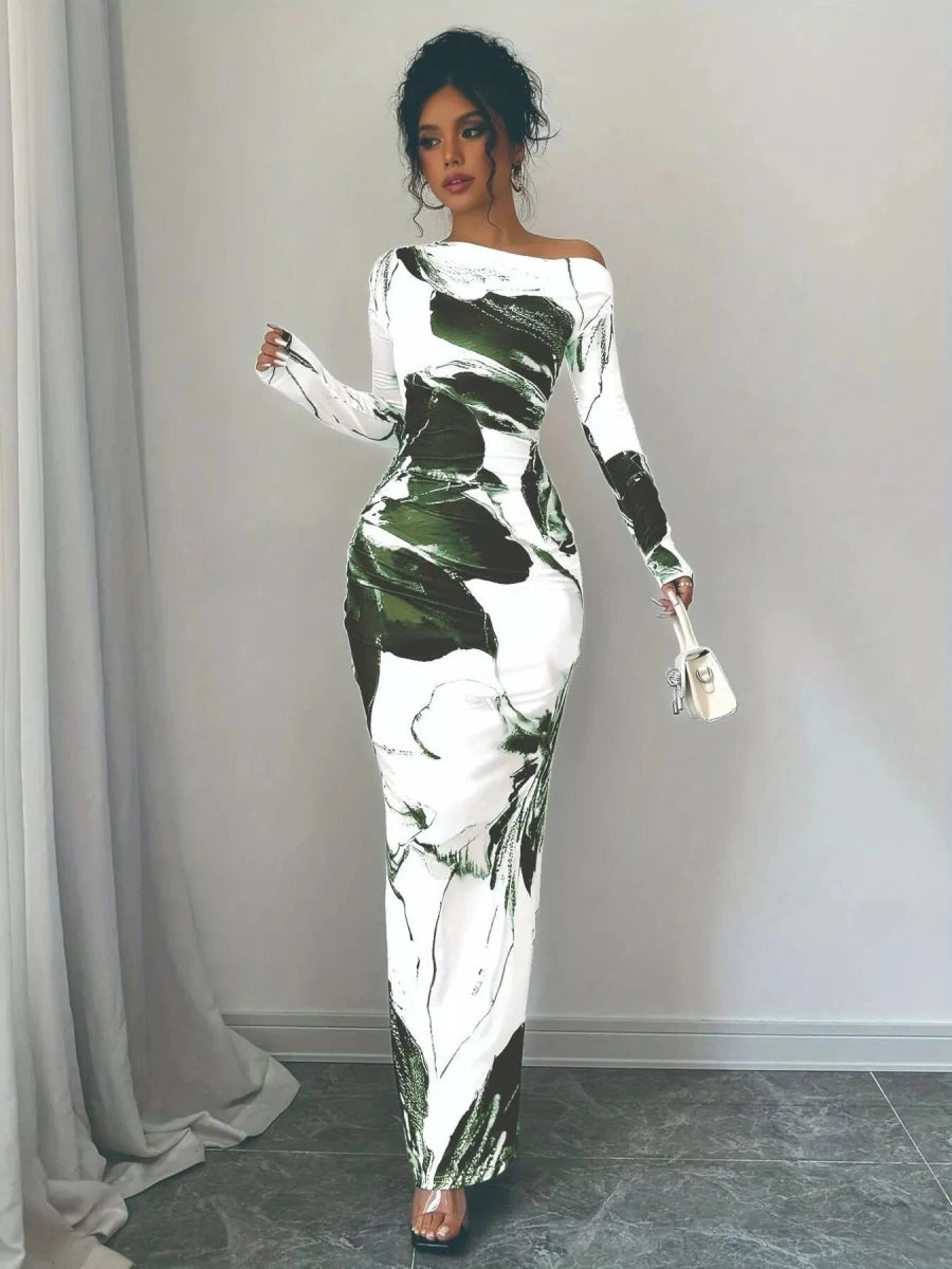 Floral One Shoulder Long Sleeve Maxi Dress - 