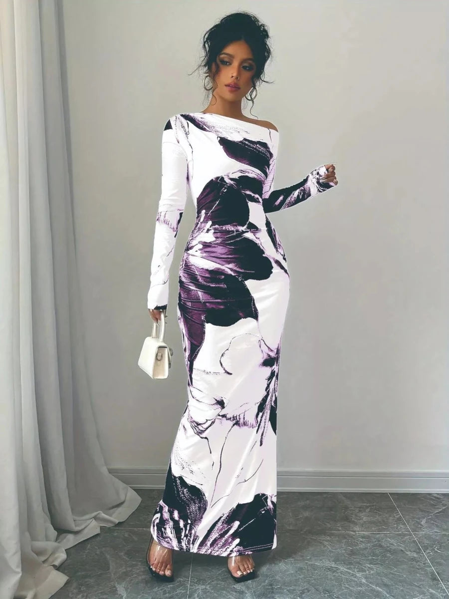 Floral One Shoulder Long Sleeve Maxi Dress - 