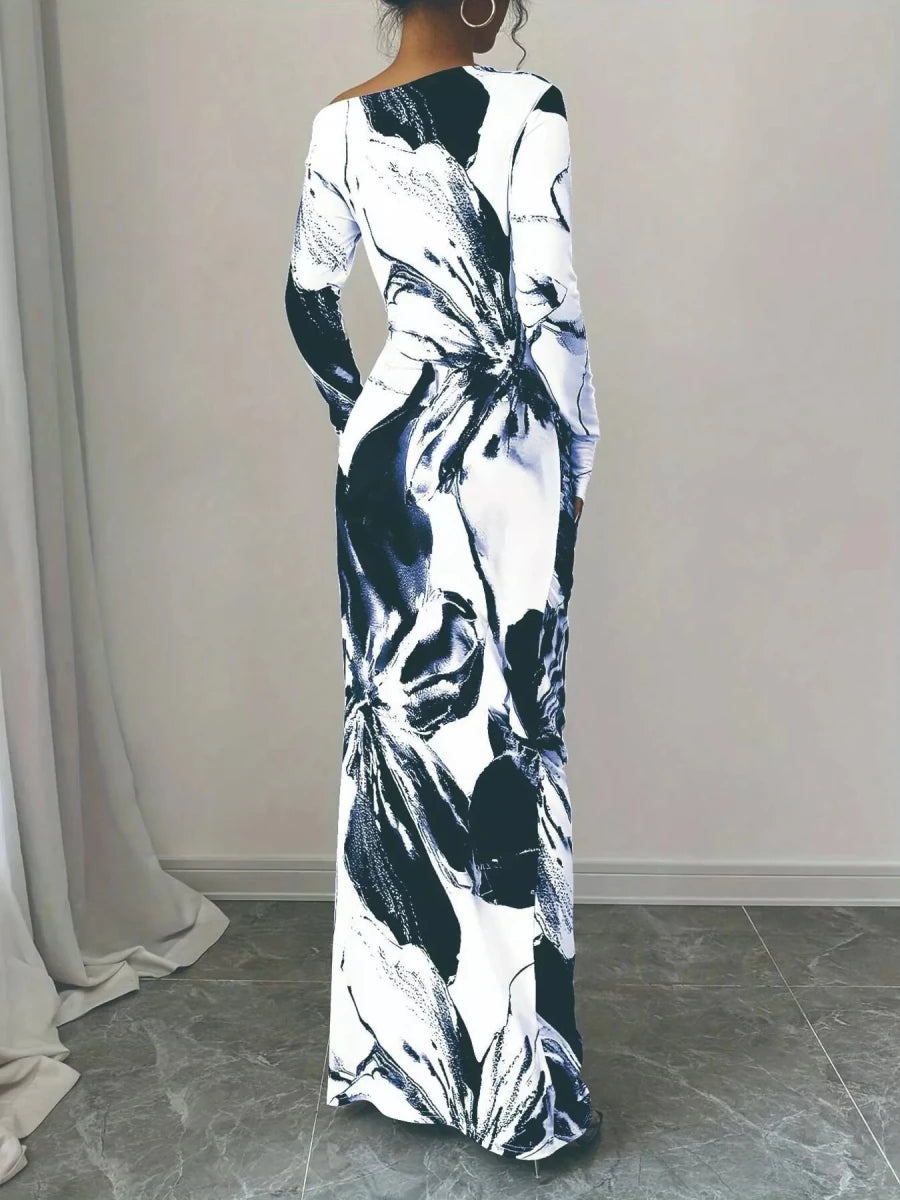 Floral One Shoulder Long Sleeve Maxi Dress - 